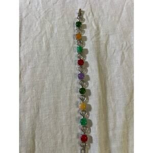 Vintage Natural Stone Jade Bracelet Metal 7” Long Colorful